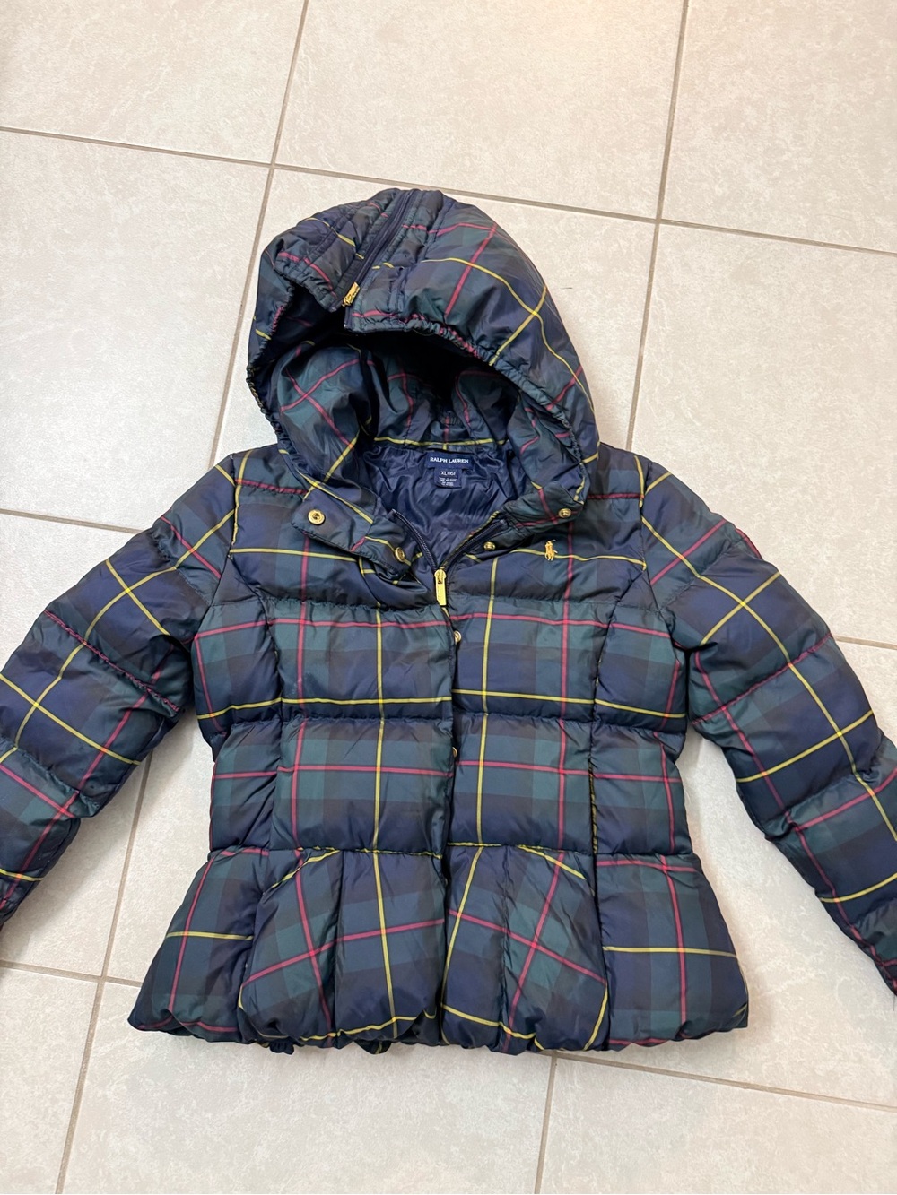 Ralph Lauren Navy Plaid Hooded Peplum down Puffer Jacket